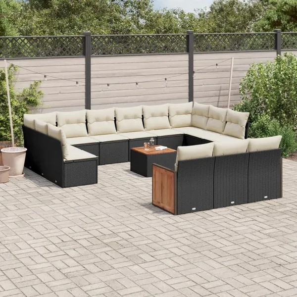 Salon de jardin avec coussins 14 pcs noir résine tressée
