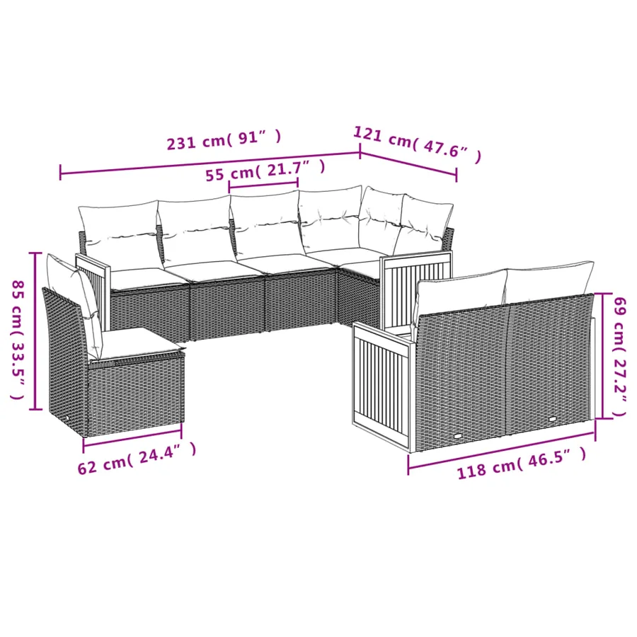 Salon de jardin avec coussins 8 pcs beige résine tressée - 7