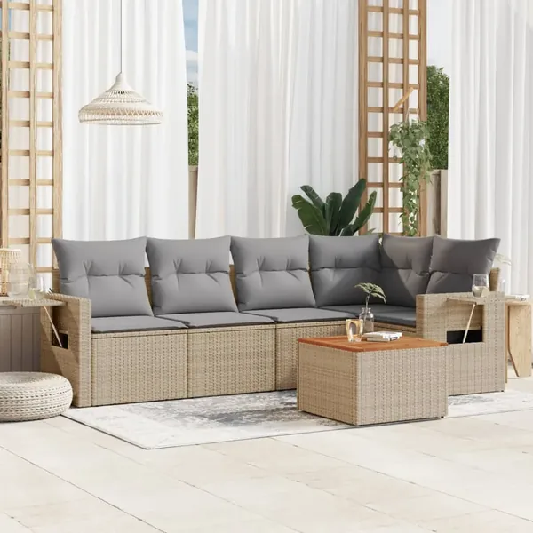 Salon de jardin avec coussins 6 pcs beige résine tressée