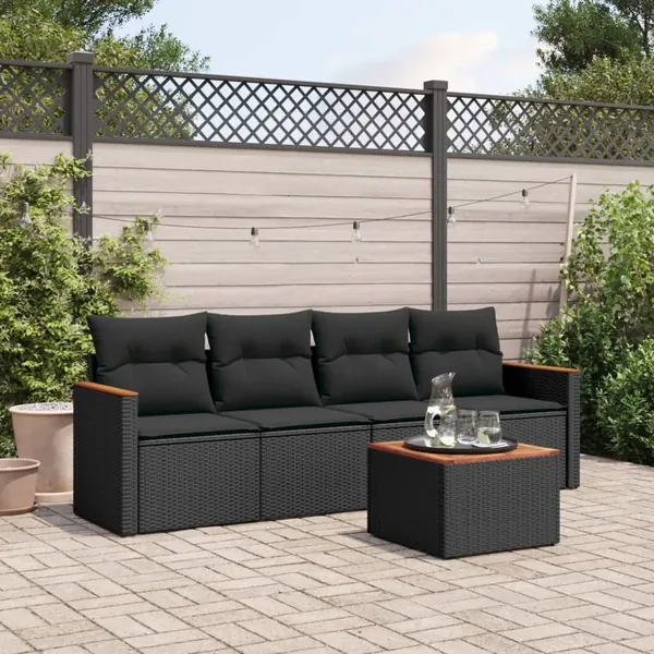 Salon de jardin 5 pcs avec coussins noir résine tressée