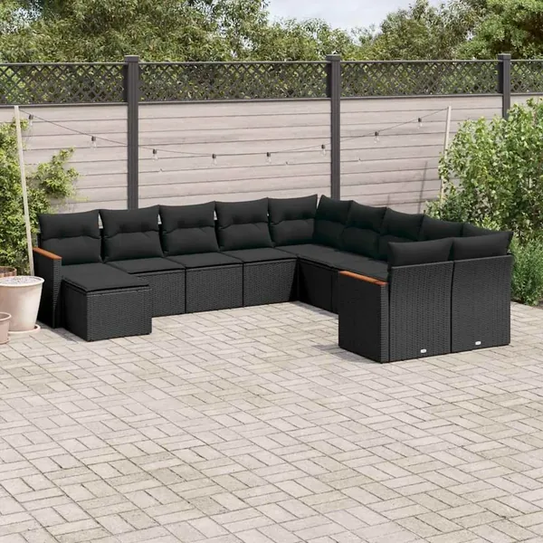 Salon de jardin 11 pcs avec coussins noir résine tressée