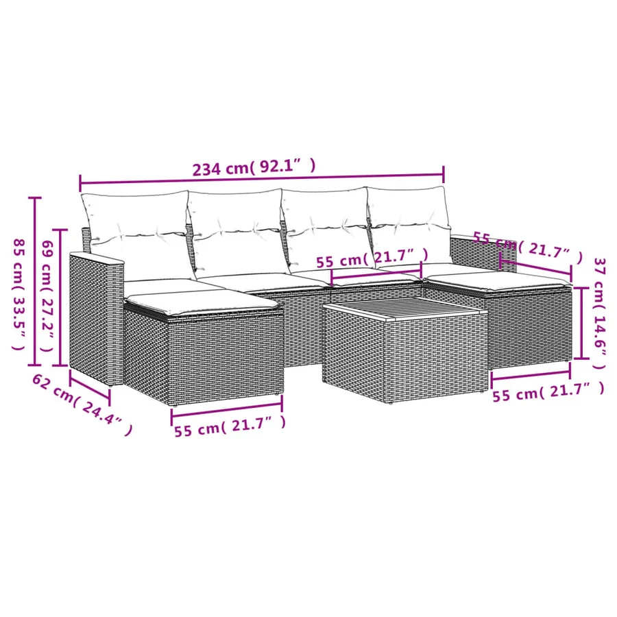 Salon de jardin 7 pcs avec coussins noir résine tressée 55 x 62 x 69 cm - 55,0 kg - 3