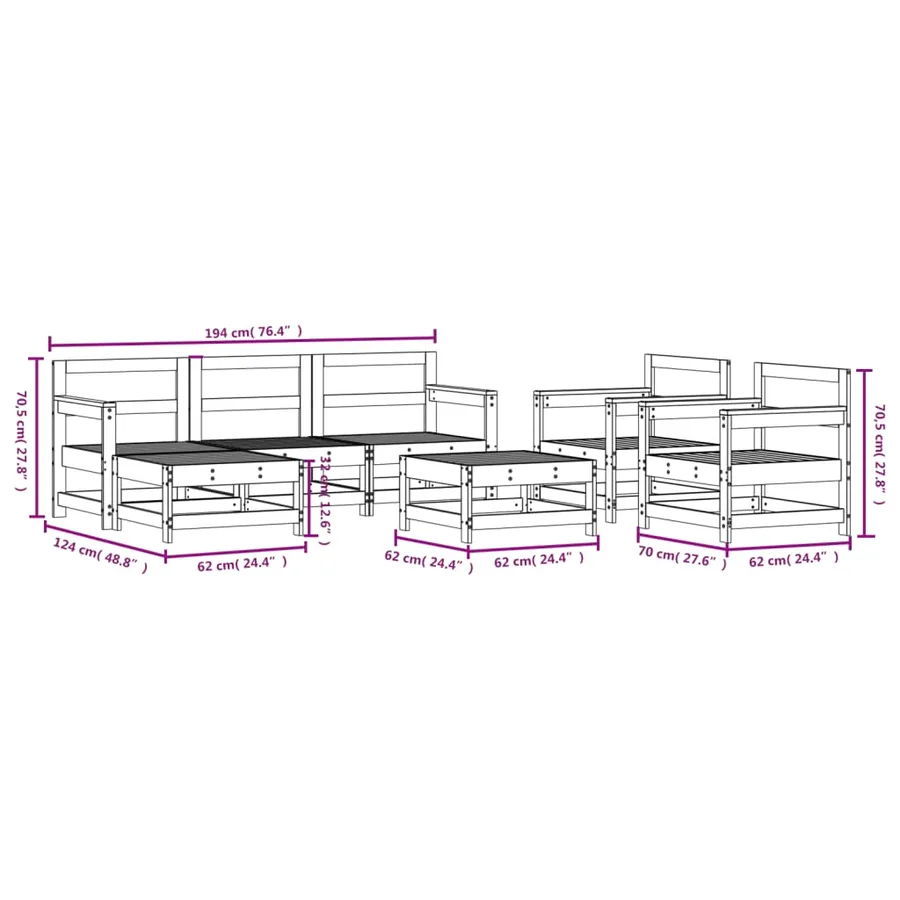 Salon de jardin 7 pcs Blanc Bois de pin massif - 8