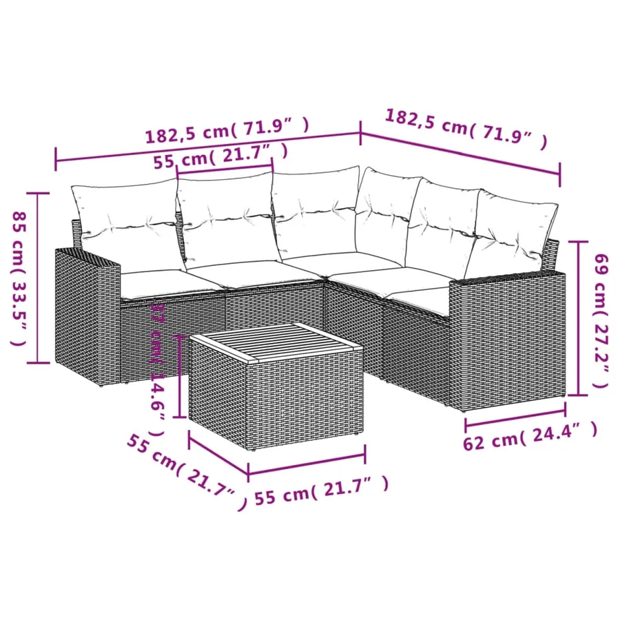 Salon de jardin 6 pcs avec coussins noir résine tressée - 3