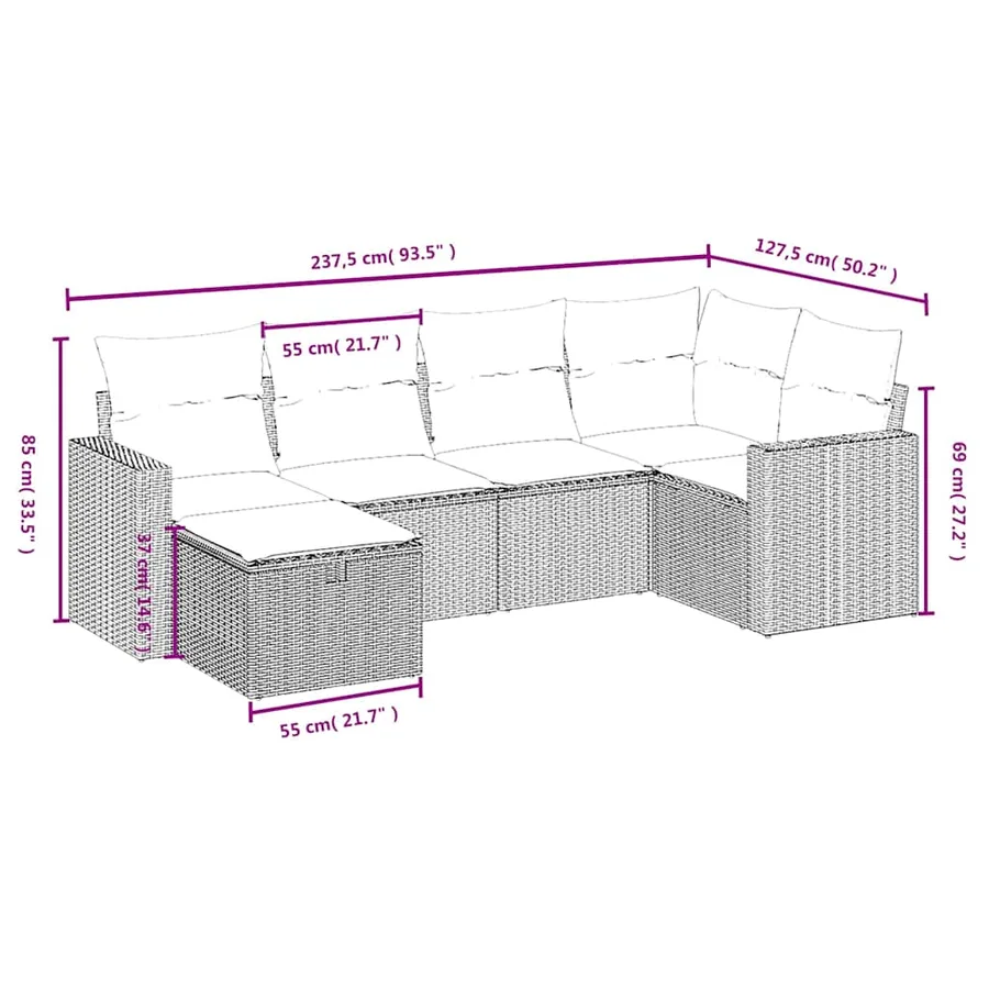 Salon de jardin 6 pcs avec coussins noir résine tressée - 4