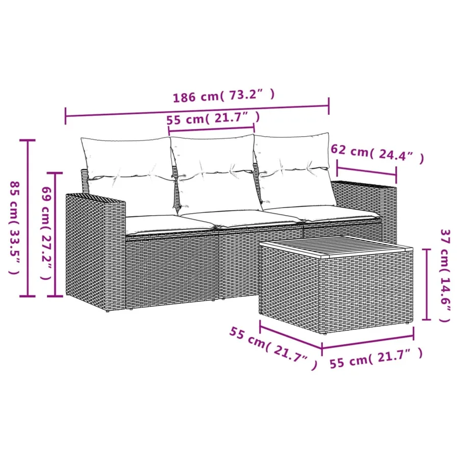 Salon de jardin 4 pcs avec coussins noir résine tressée - 3