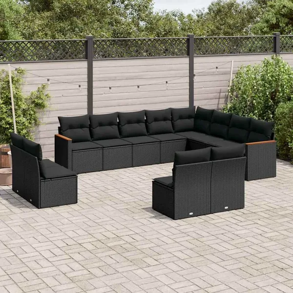 Salon de jardin 12 pcs avec coussins noir résine tressée