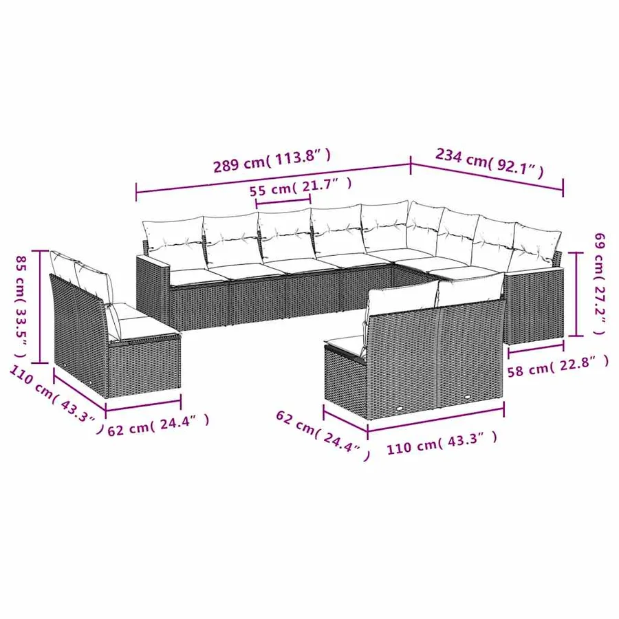 Salon de jardin 12 pcs avec coussins noir résine tressée - 7