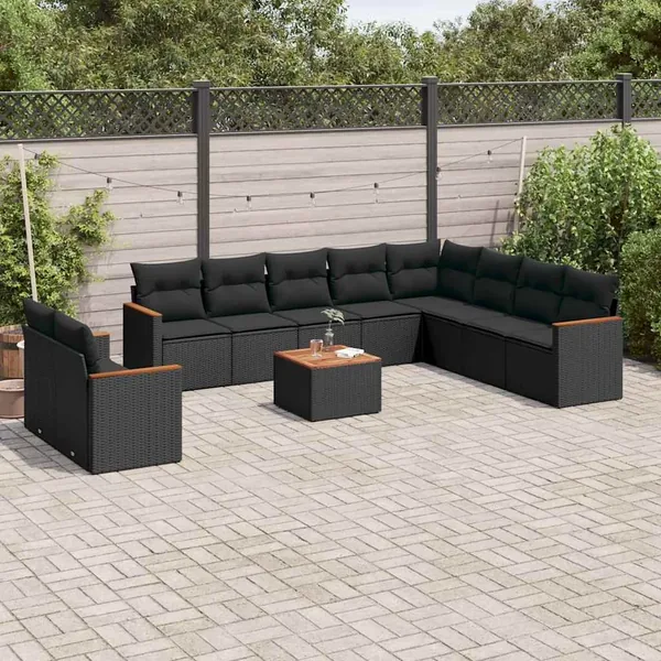 Salon de jardin 11 pcs avec coussins noir résine tressée