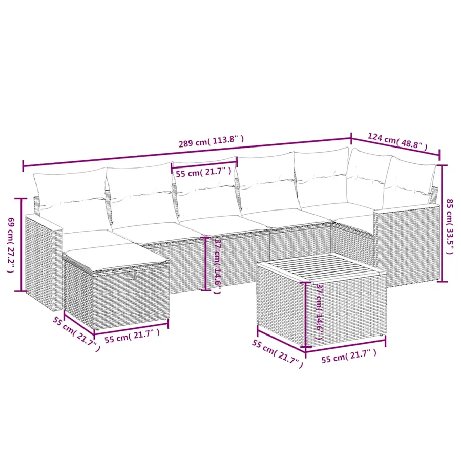 Salon de jardin 8 pcs avec coussins noir résine tressée - 4