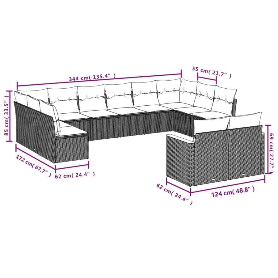 Salon de jardin 12 pcs avec coussins noir résine tressée - 7