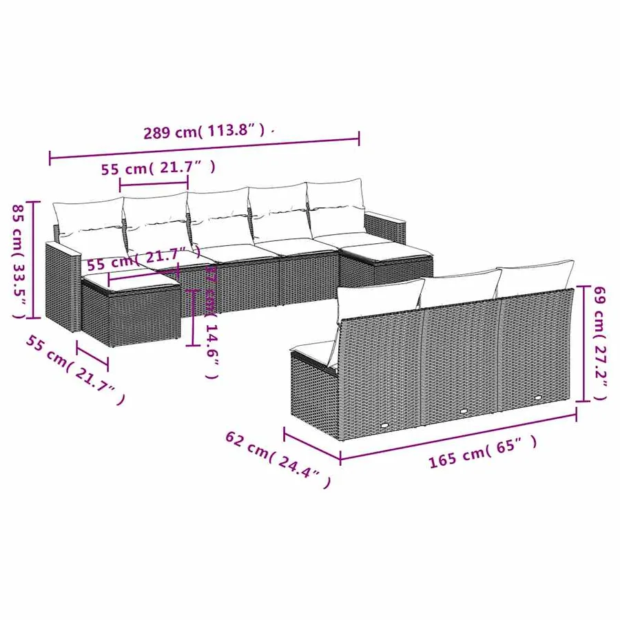 Salon de jardin 10 pcs avec coussins noir résine tressée - 7