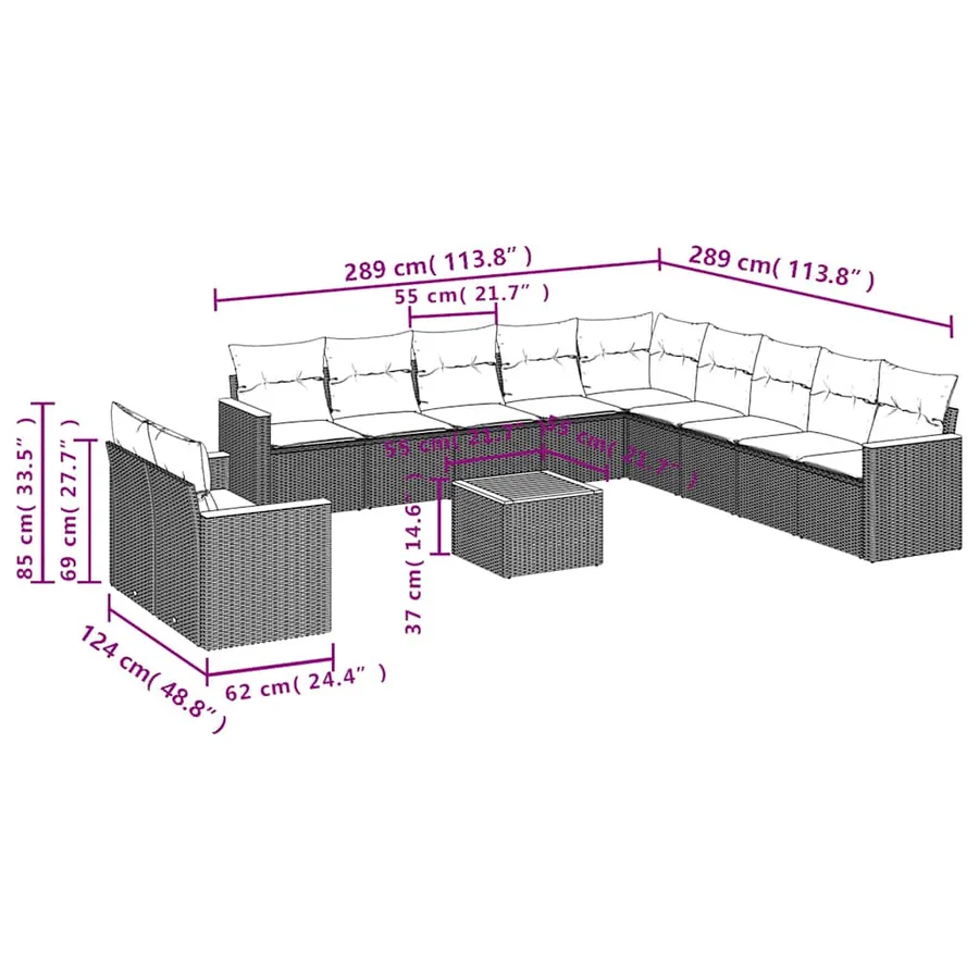 Salon de jardin 12 pcs avec coussins noir résine tressée - 8