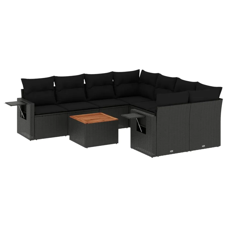 Salon de jardin 9 pcs avec coussins noir résine tressée - 2