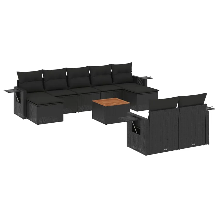Salon de jardin 10 pcs avec coussins noir résine tressée - 2