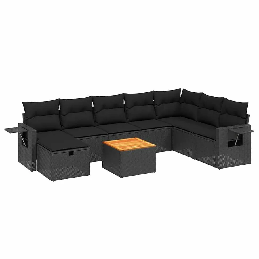 Salon de jardin 9 pcs avec coussins noir résine tressée - 2