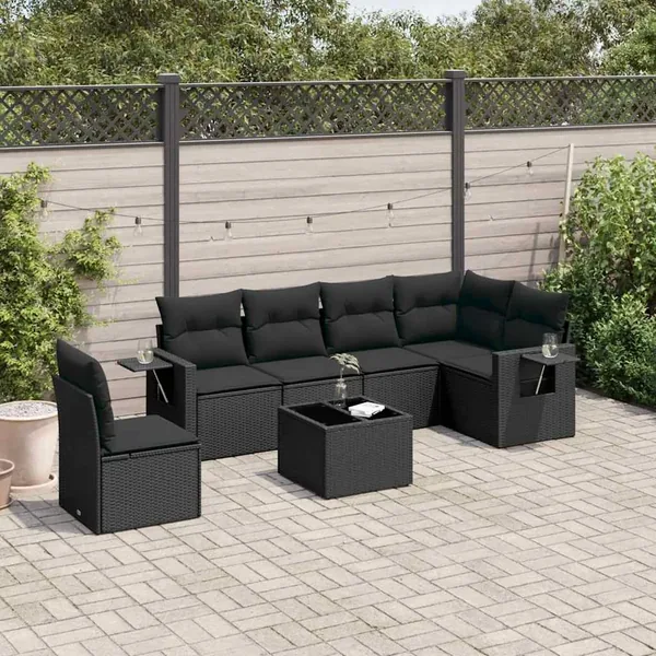 Salon de jardin 7 pcs avec coussins noir résine tressée 62 x 62 x 69 cm - 56,7 kg