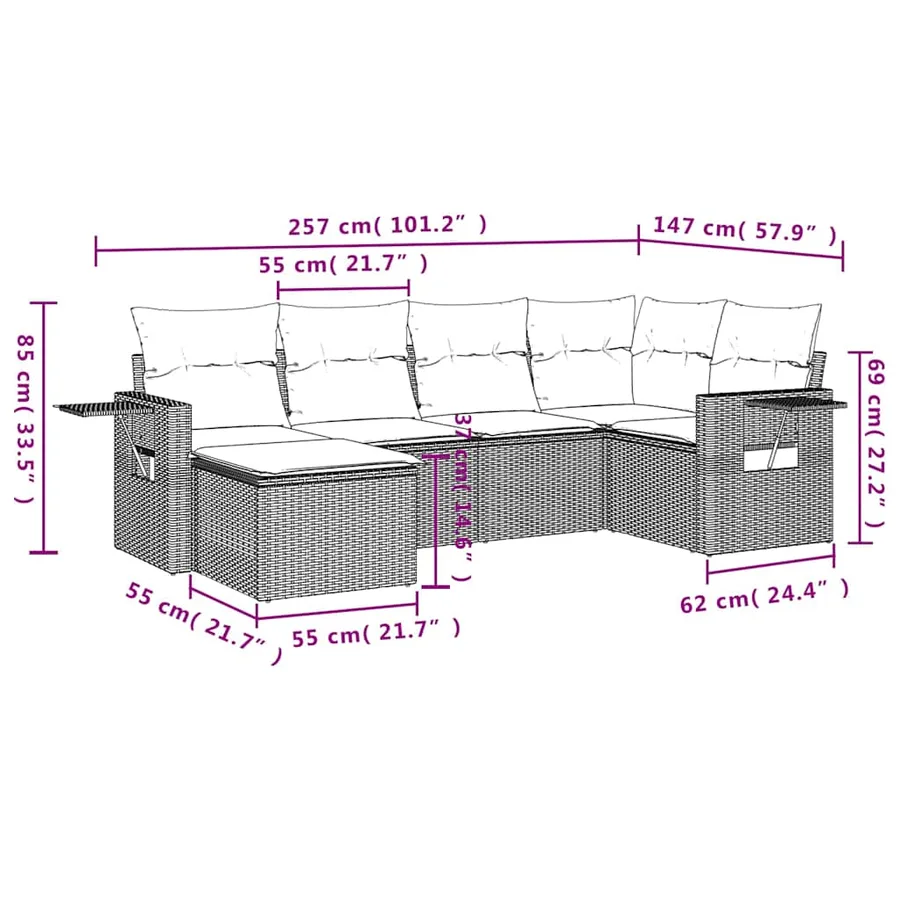 Salon de jardin 6 pcs avec coussins noir résine tressée - 9