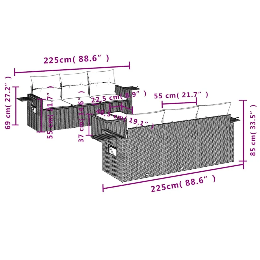 Salon de jardin 7 pcs avec coussins noir résine tressée 55 x 62 x 69 cm - 60,6 kg - 8