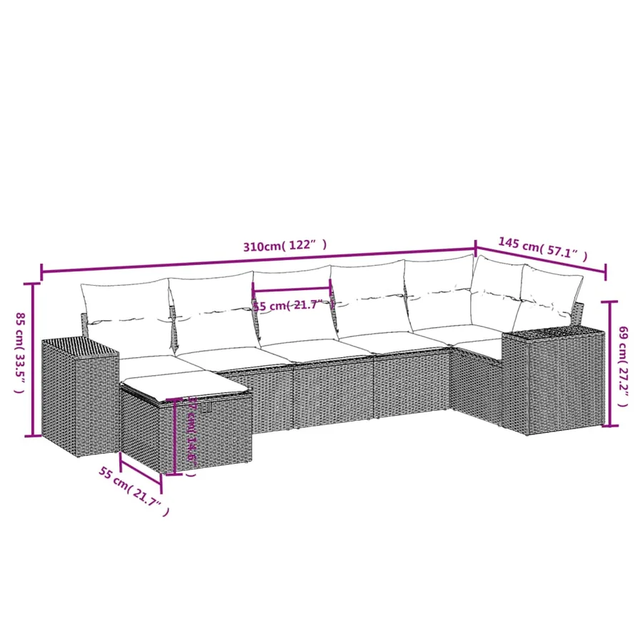 Salon de jardin 7 pcs avec coussins noir résine tressée 62 x 62 x 69 cm - 57,4 kg - 4