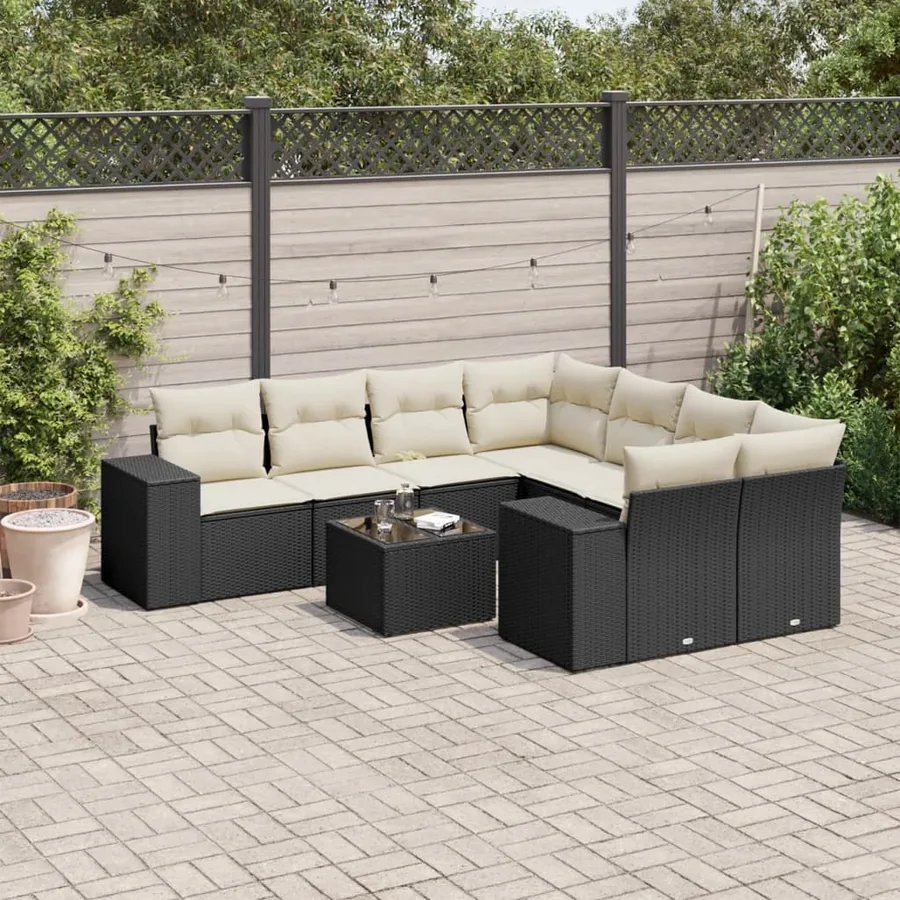 Salon de jardin 9 pcs avec coussins noir résine tressée