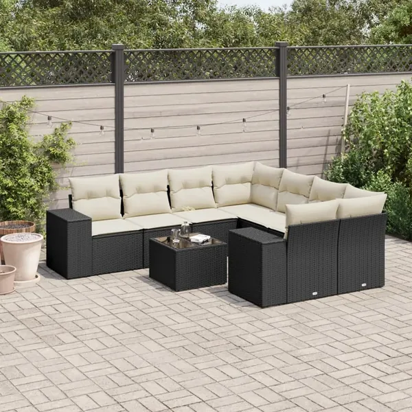 Salon de jardin 9 pcs avec coussins noir résine tressée