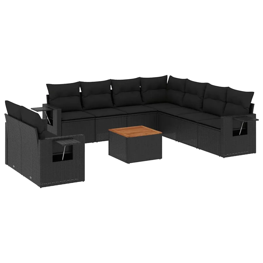 Salon de jardin 10 pcs avec coussins noir résine tressée - 2