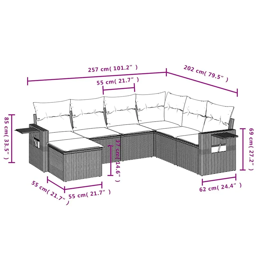 Salon de jardin 7 pcs avec coussins noir résine tressée 55 x 62 x 69 cm - 60,0 kg - 3