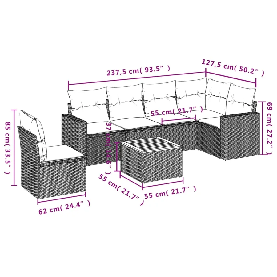 Salon de jardin 7 pcs avec coussins noir résine tressée 62 x 62 x 69 cm - 59,2 kg - 12