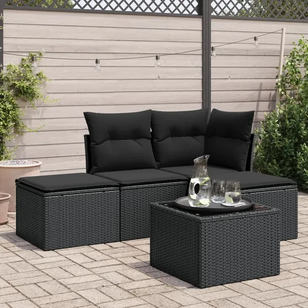 Salon de jardin 5 pcs avec coussins noir résine tressée