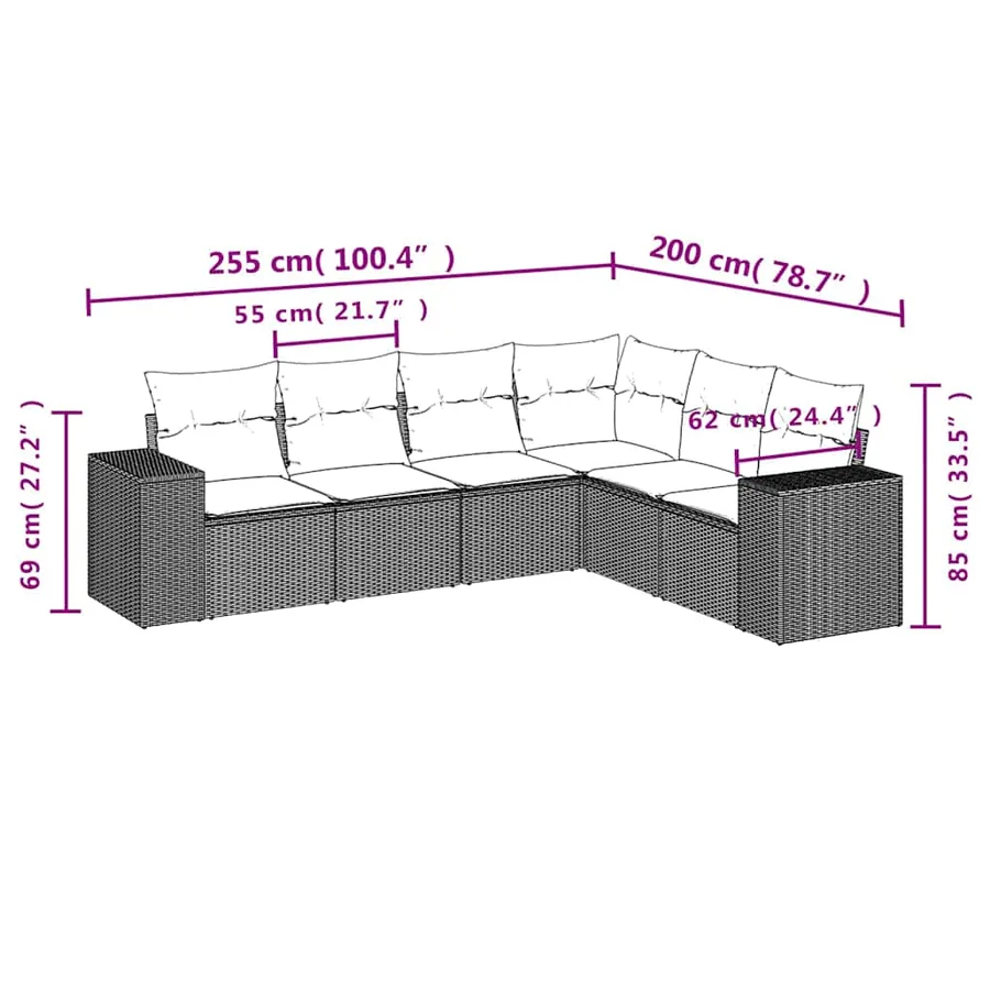 Salon de jardin 6 pcs avec coussins noir résine tressée - 7