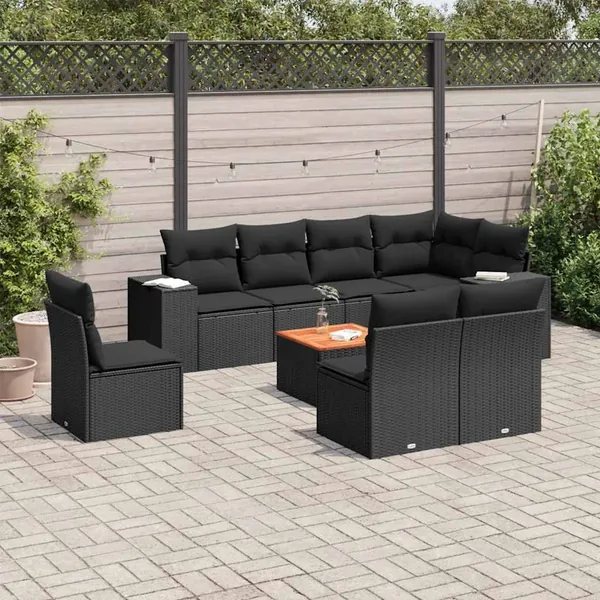 Salon de jardin 9 pcs avec coussins noir résine tressée
