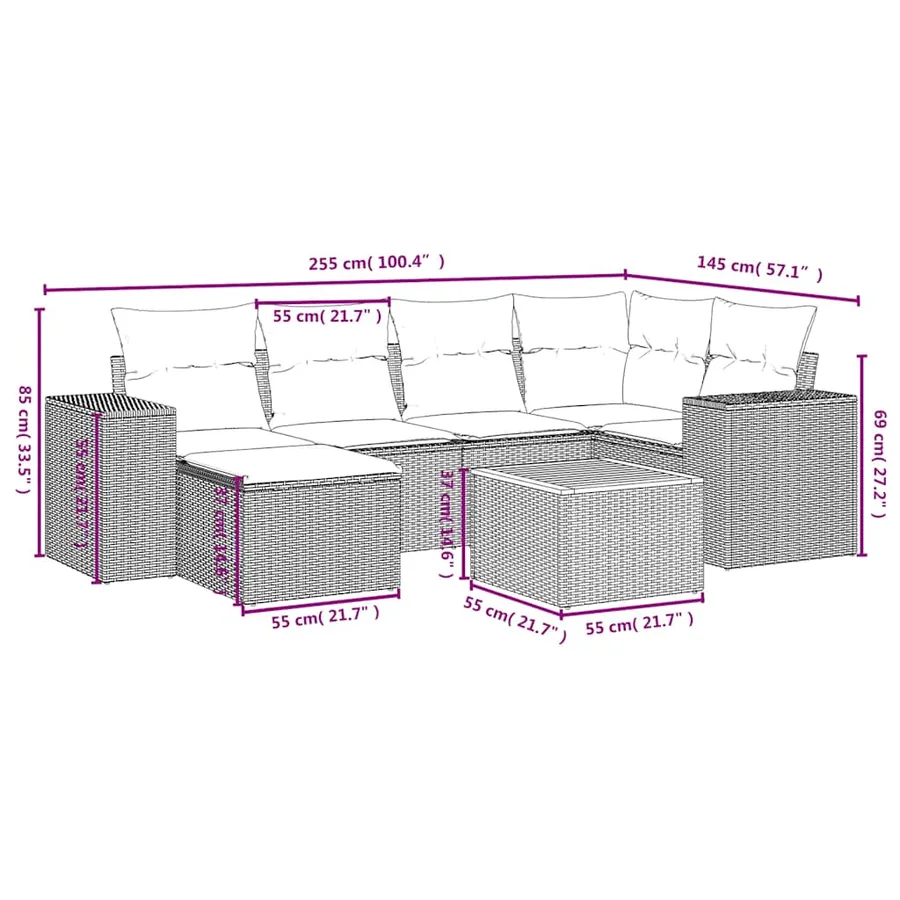 Salon de jardin 7 pcs avec coussins noir résine tressée 62 x 62 x 69 cm - 59,0 kg - 9