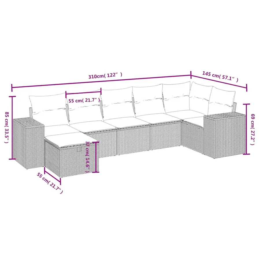 Salon de jardin 7 pcs avec coussins noir résine tressée 62 x 62 x 69 cm - 57,5 kg - 4