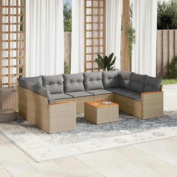 Salon de jardin et coussins 10 pcs mélange beige résine tressée