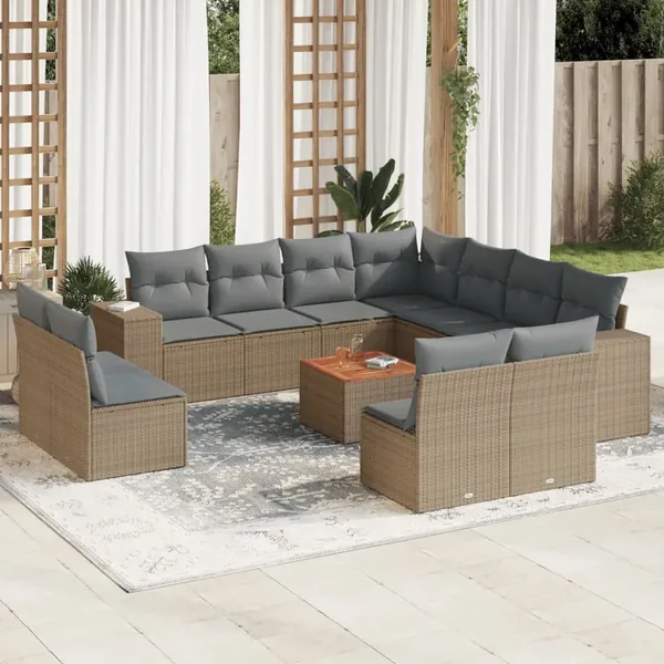 Salon de jardin avec coussins 12 pcs beige résine tressée
