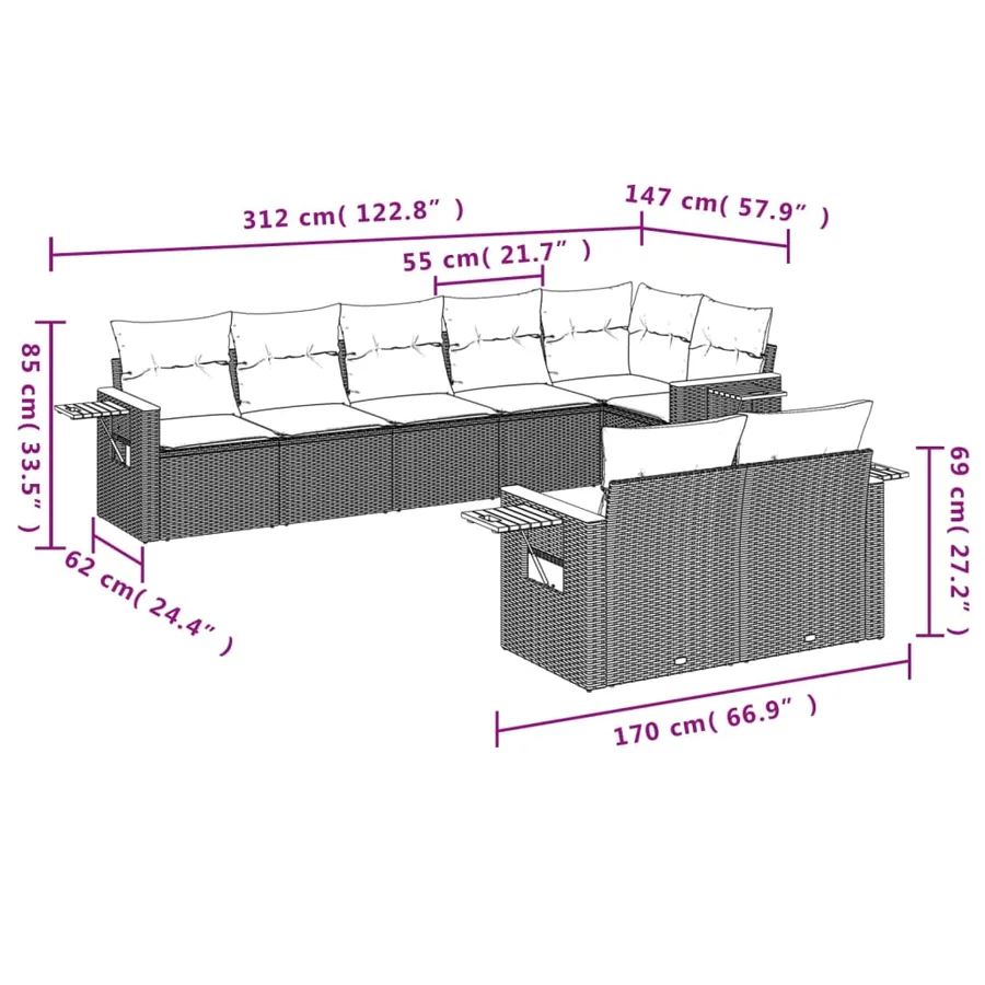 Salon de jardin 8 pcs avec coussins gris résine tressée - 8
