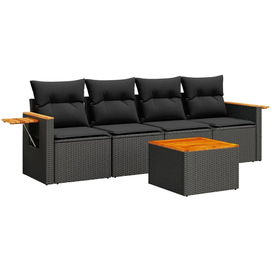 Salon de jardin 5 pcs avec coussins noir résine tressée - 2