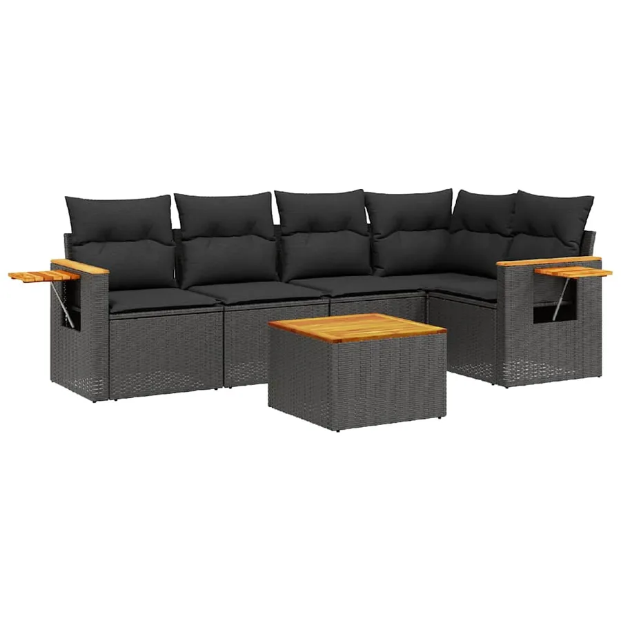 Salon de jardin 6 pcs avec coussins noir résine tressée - 2