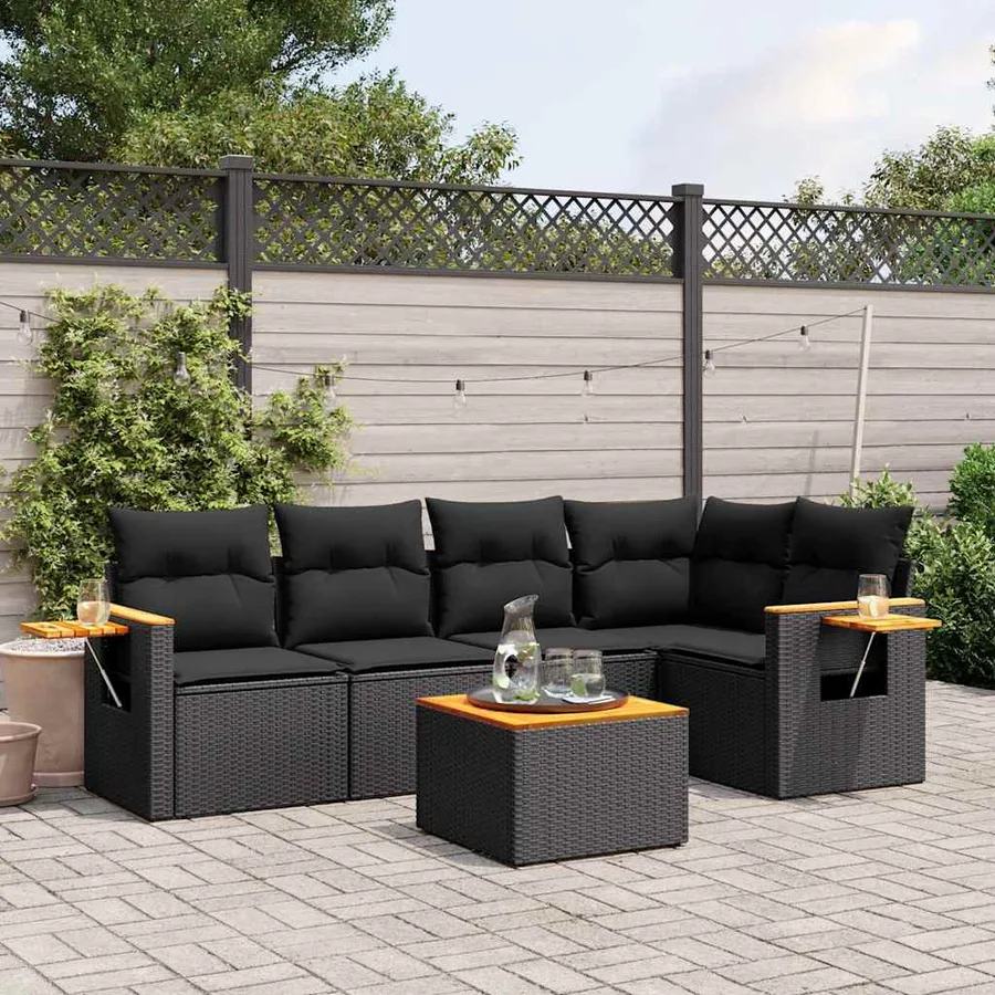 Salon de jardin 6 pcs avec coussins noir résine tressée - 3