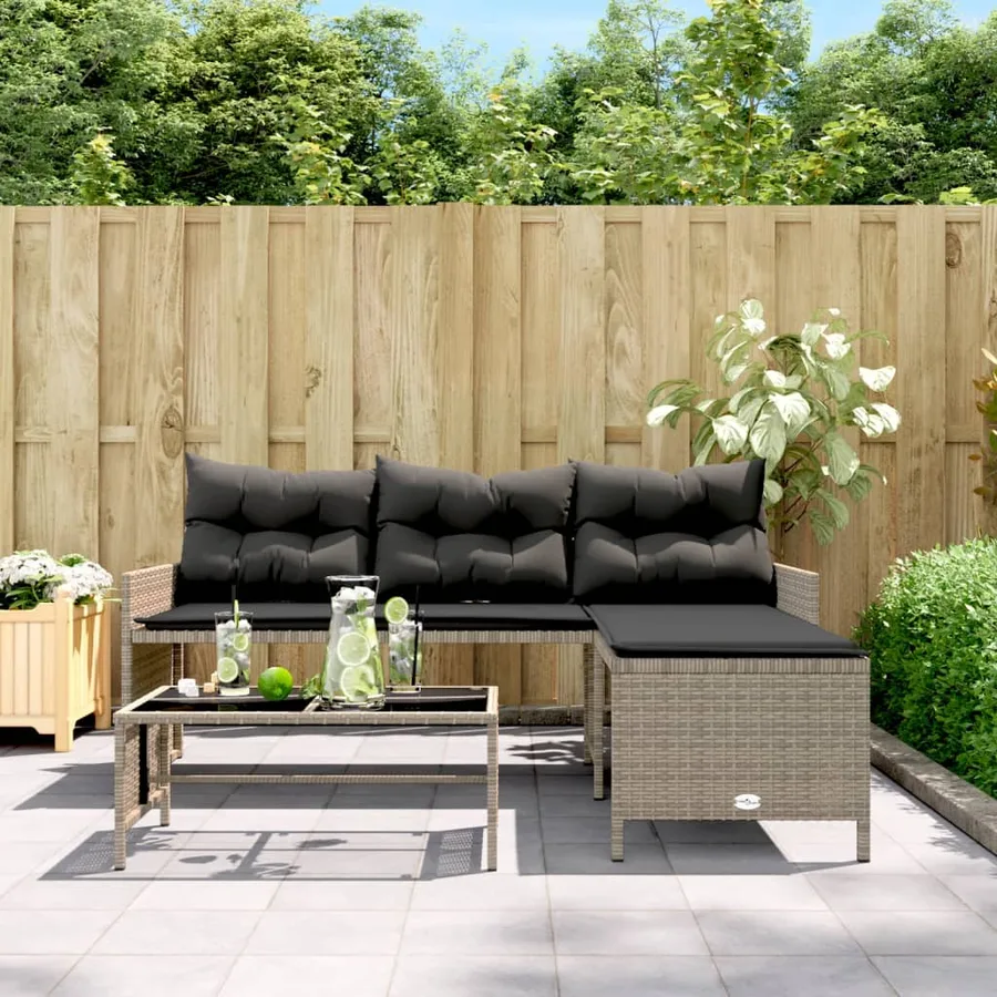 Canapé de jardin avec table et coussins en forme de L gris - 3