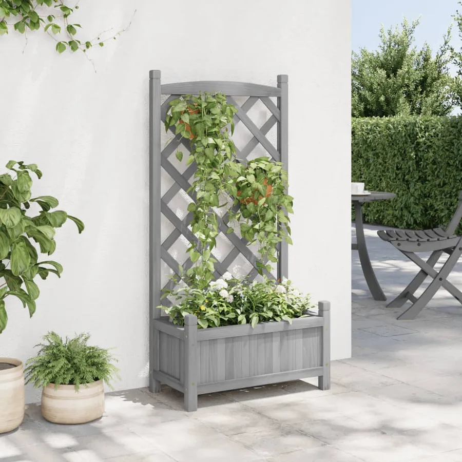 Jardinière avec treillis gris bois massif de sapin - 3