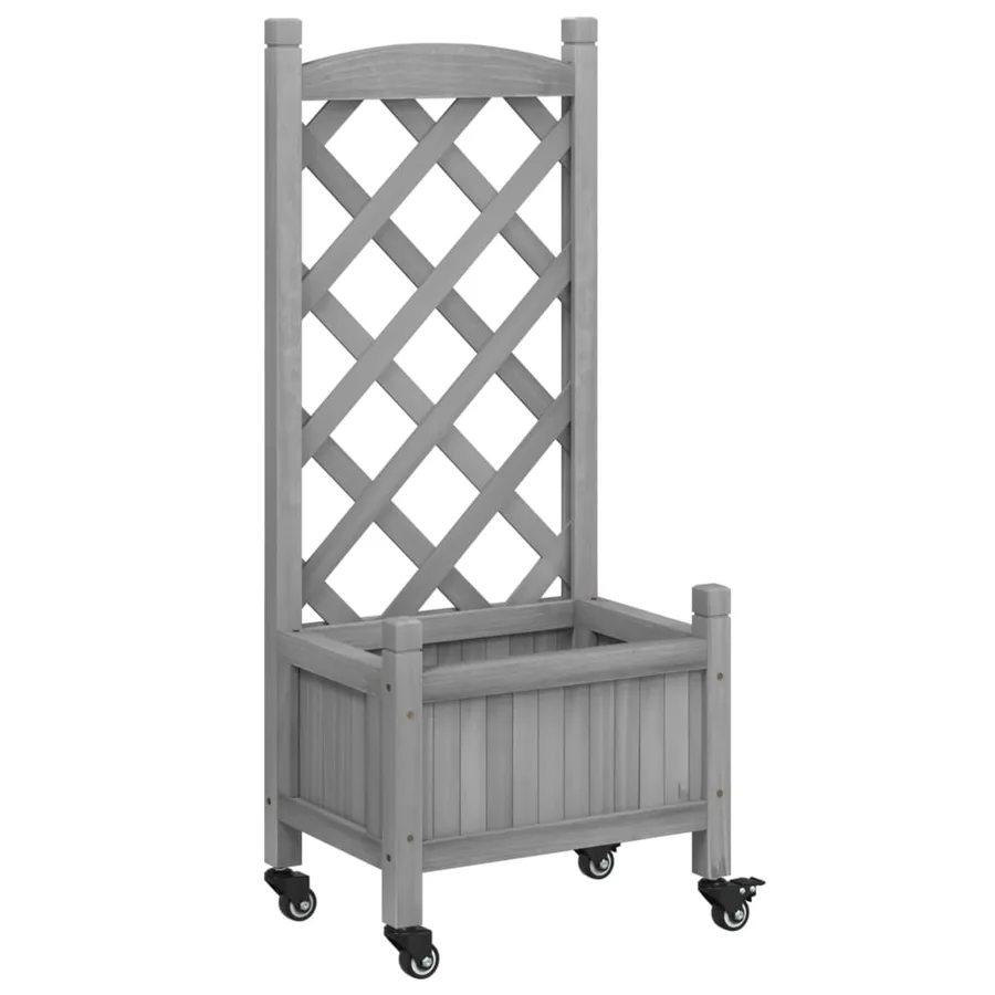 Jardinière avec treillis et roues gris bois massif de sapin - 2