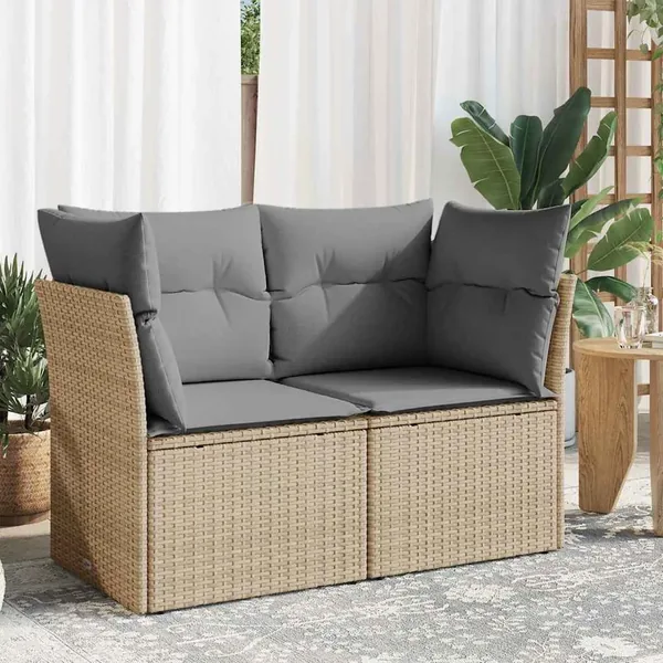 Canapé de jardin avec coussins 2 places beige résine tressée