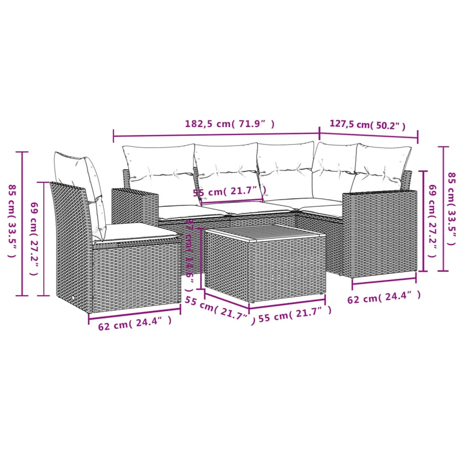 Salon de jardin 6 pcs avec coussins gris résine tressée - 3
