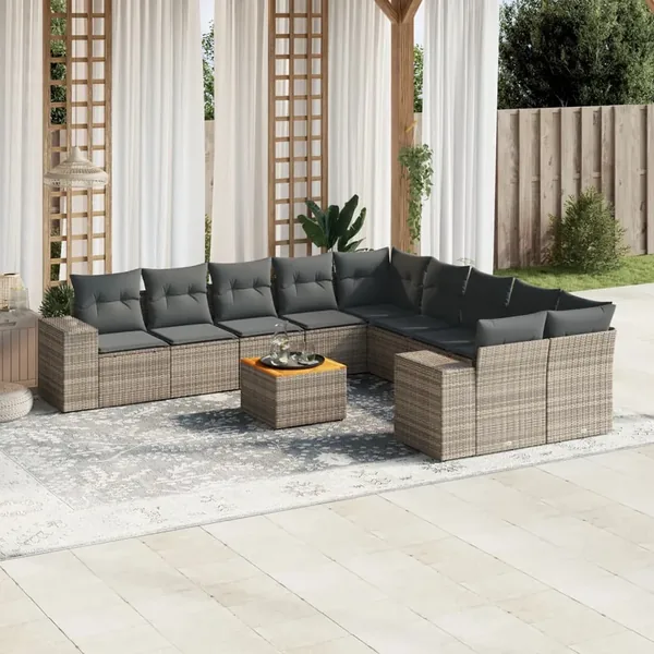Salon de jardin 11 pcs avec coussins gris résine tressée