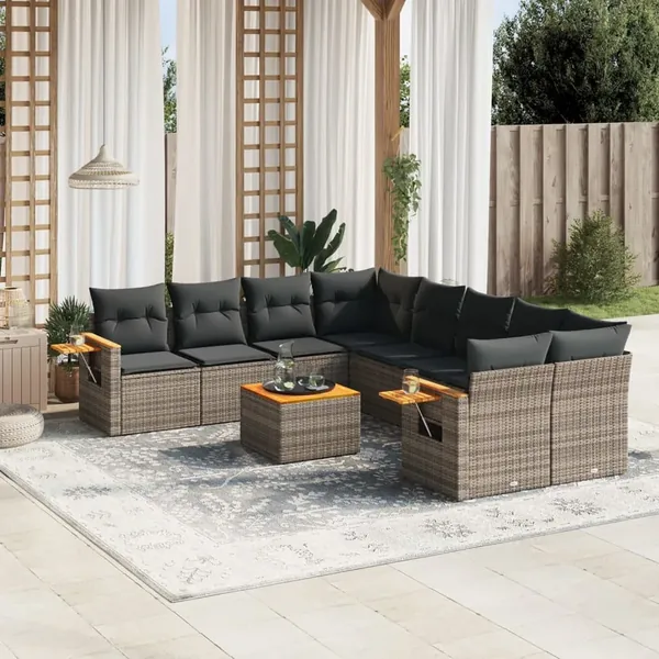 Salon de jardin 9 pcs avec coussins gris résine tressée