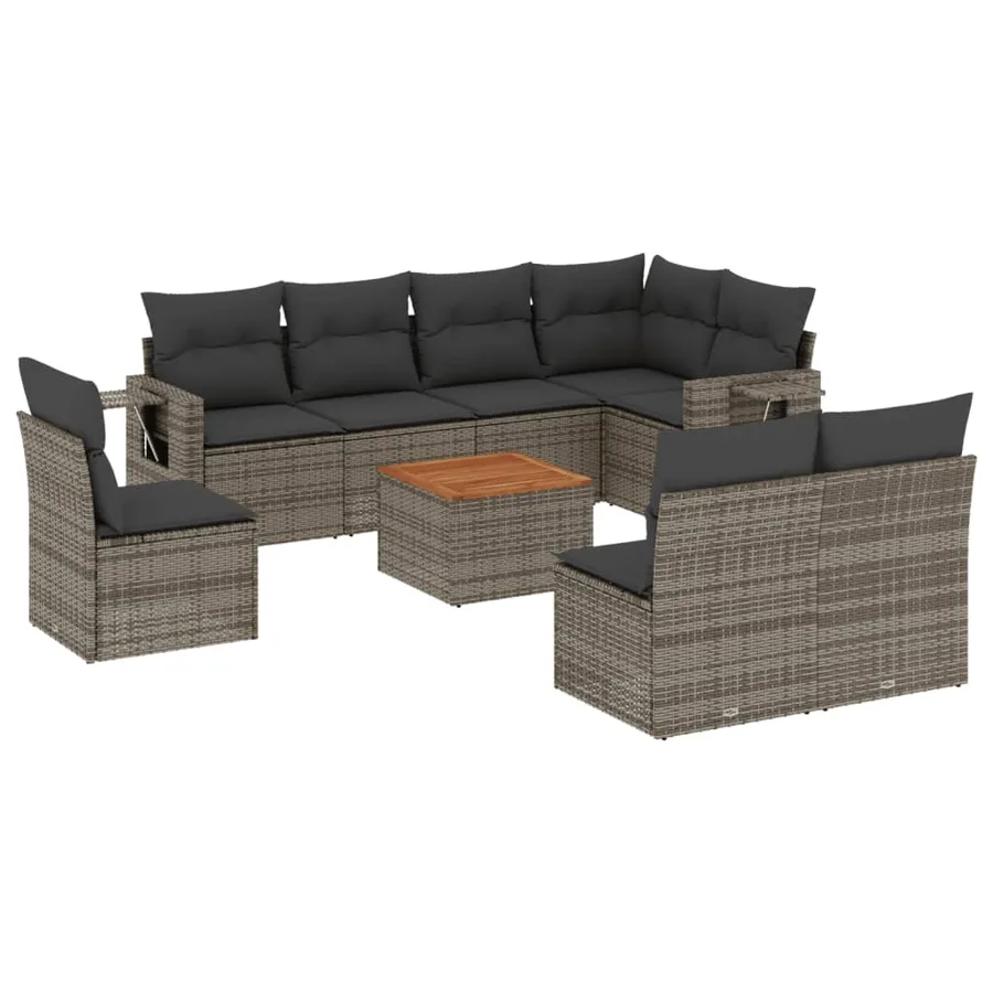 Salon de jardin 9 pcs avec coussins gris résine tressée - 2