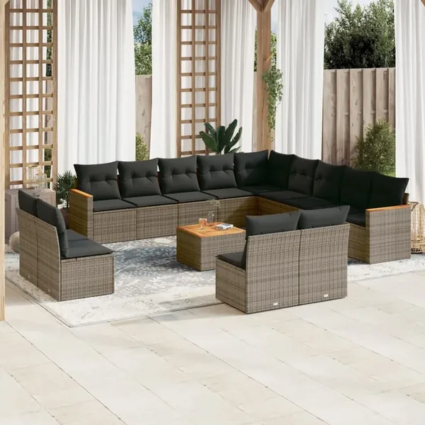 Salon de jardin avec coussins 14 pcs gris résine tressée