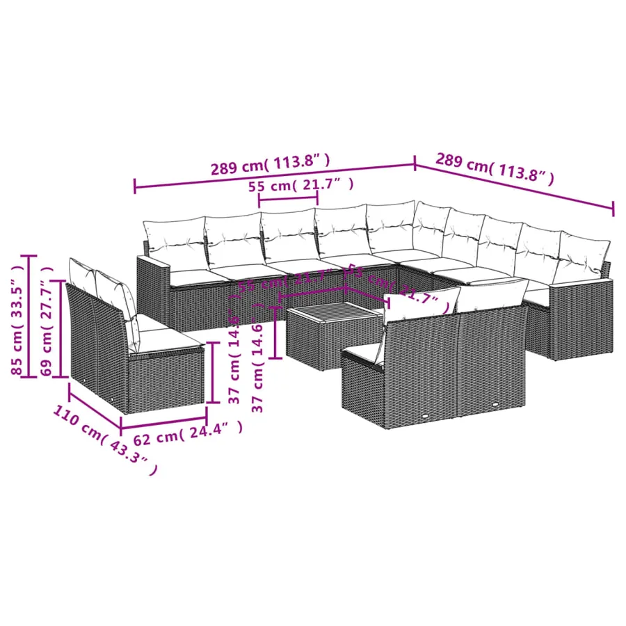 Salon de jardin avec coussins 14 pcs gris résine tressée - 8